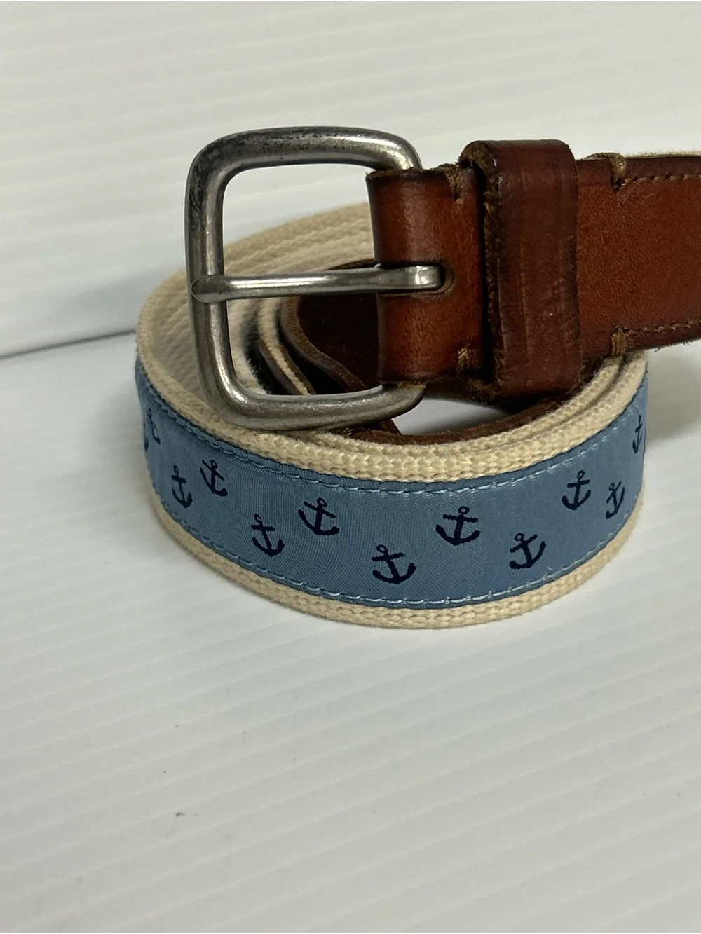 J.Crew Nautical Canvas Belt Size 34 Blue Anchor Leather Trim